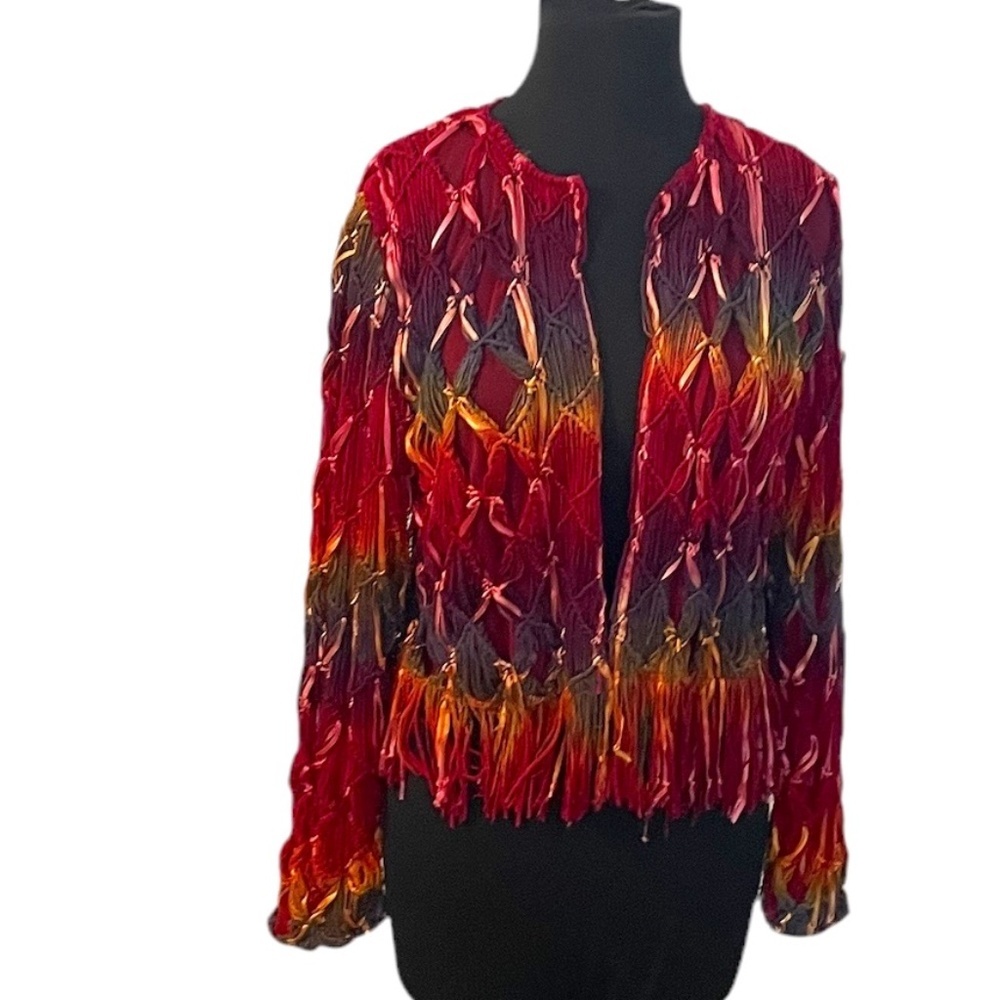 Sandy Stark Women's Cropped Hippy Fringed Yarn Cardigan Sweater, Red Multi Small